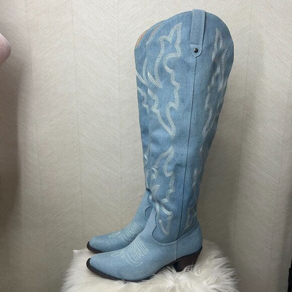 Light Blue Denim Over the Knee Embroidered Cowboy Western Boots Womens Size 9.5 - Picture 1 of 13